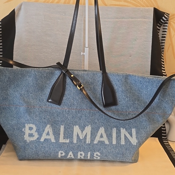 Balmain Leather-trimmed Denim Tote Back - Picture 2 of 6